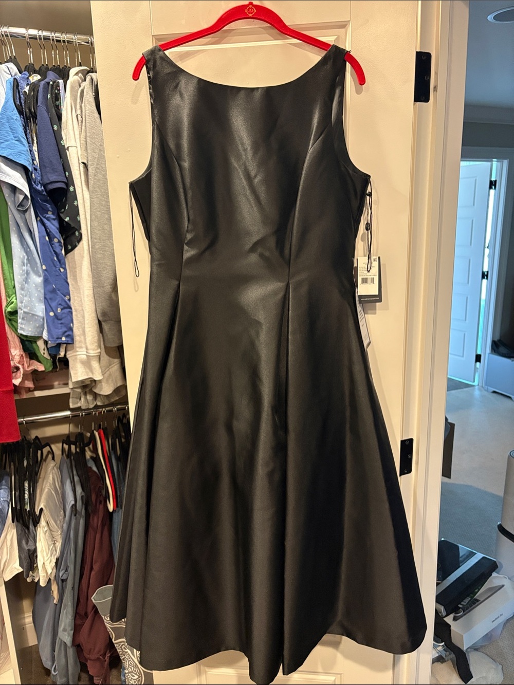 Adrianna Papell Black Satin Midi Dress with Pockets